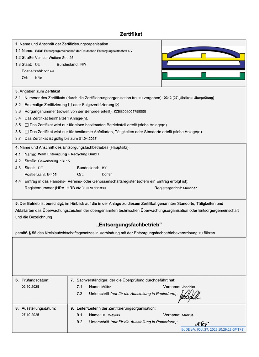 Wilm GmbH Zertifikat 2026
